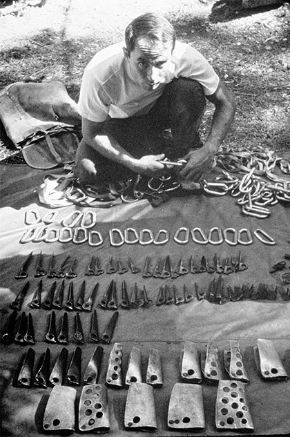 Yvon Chouinard selling Chouinard climbing hardware circa 1960s location Camp 4 Yosemite CA